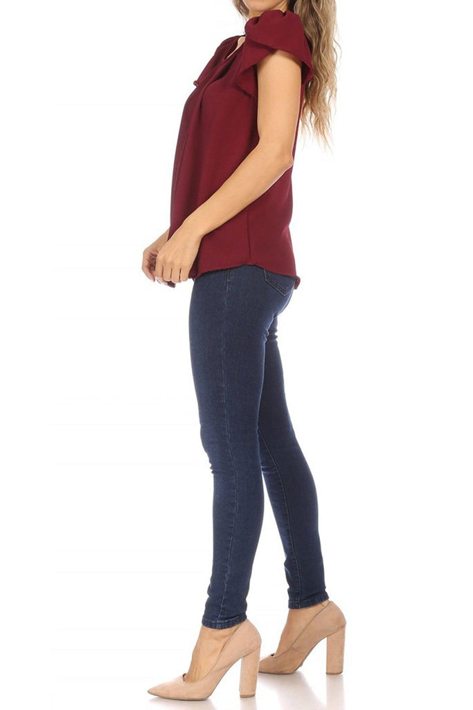 Women's Casual Solid Pleated Front Petal Cap Sleeve Round Neck Blouse FashionJOA