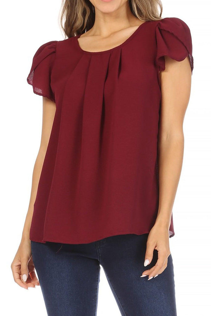 Women's Casual Solid Pleated Front Petal Cap Sleeve Round Neck Blouse FashionJOA