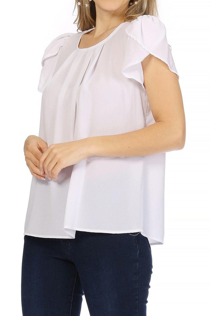 Women's Casual Solid Pleated Front Petal Cap Sleeve Round Neck Blouse FashionJOA