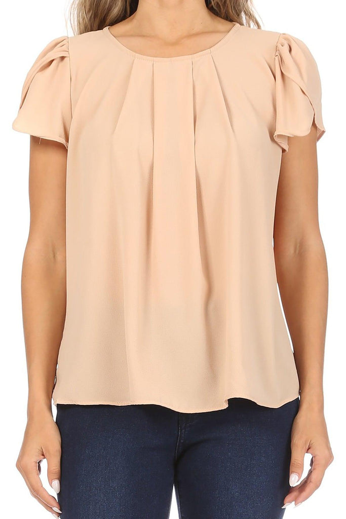 Women's Casual Solid Pleated Front Petal Cap Sleeve Round Neck Blouse FashionJOA