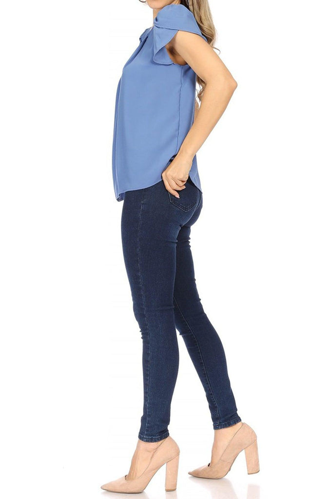 Women's Casual Solid Pleated Front Petal Cap Sleeve Round Neck Blouse FashionJOA