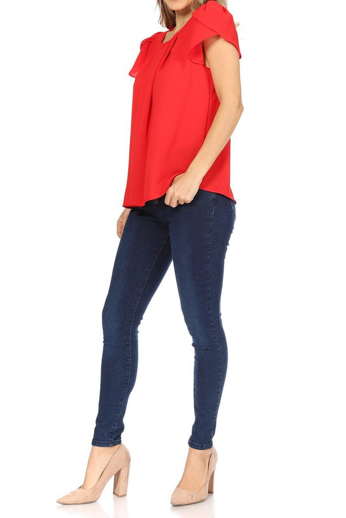 Women's Casual Solid Pleated Front Petal Cap Sleeve Round Neck Blouse FashionJOA