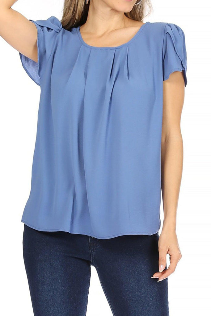 Women's Casual Solid Pleated Front Petal Cap Sleeve Round Neck Blouse FashionJOA
