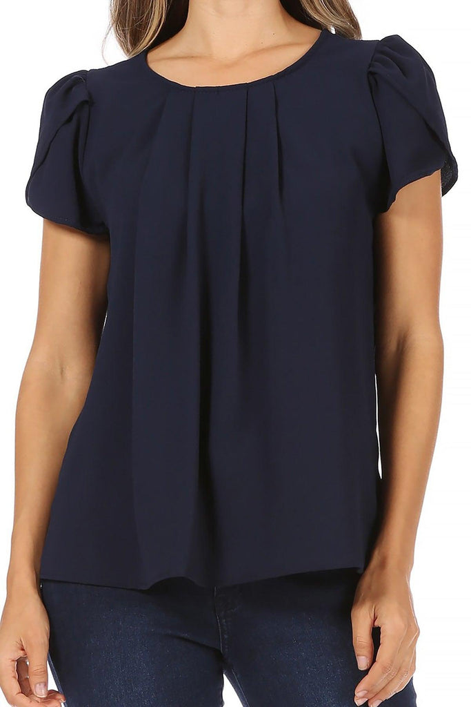 Women's Casual Solid Pleated Front Petal Cap Sleeve Round Neck Blouse FashionJOA