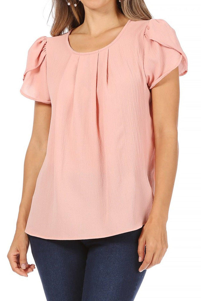 Women's Casual Solid Pleated Front Petal Cap Sleeve Round Neck Blouse FashionJOA