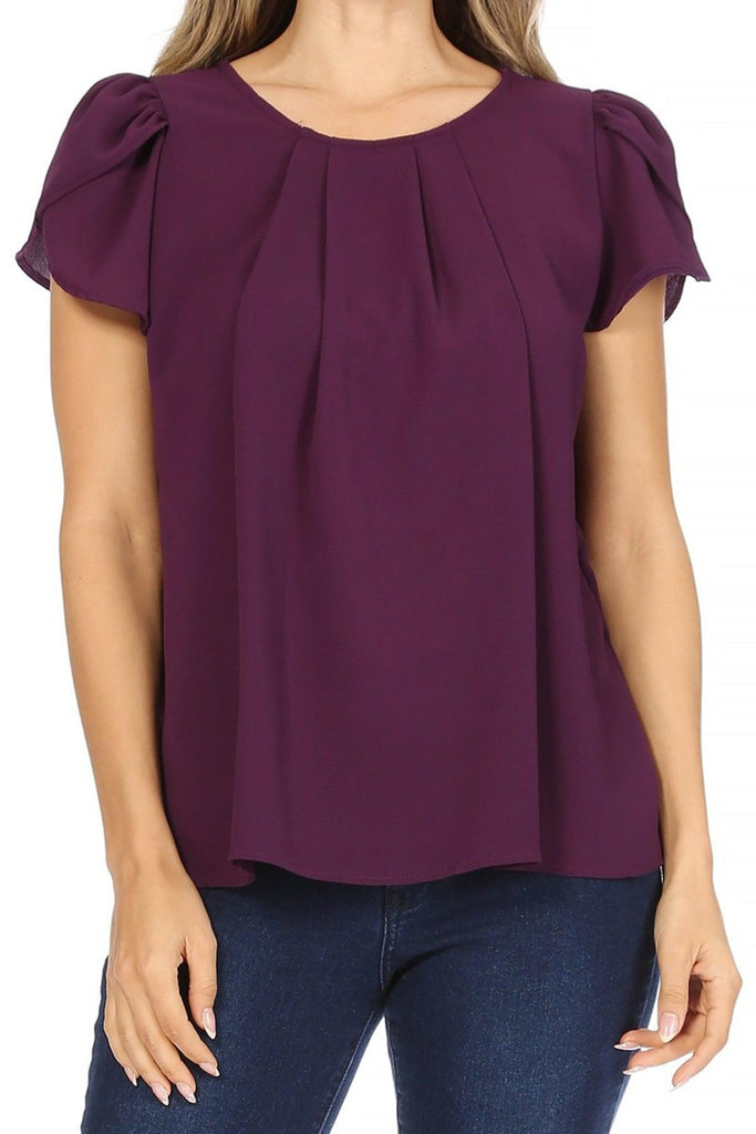 Women's Casual Solid Pleated Front Petal Cap Sleeve Round Neck Blouse FashionJOA