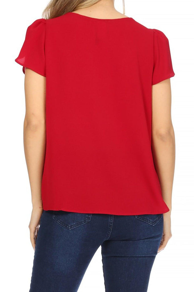 Women's Casual Solid Pleated Front Petal Cap Sleeve Round Neck Blouse FashionJOA