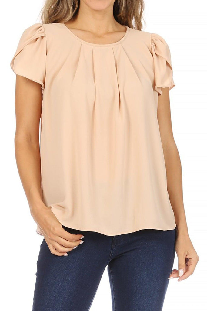 Women's Casual Solid Pleated Front Petal Cap Sleeve Round Neck Blouse FashionJOA