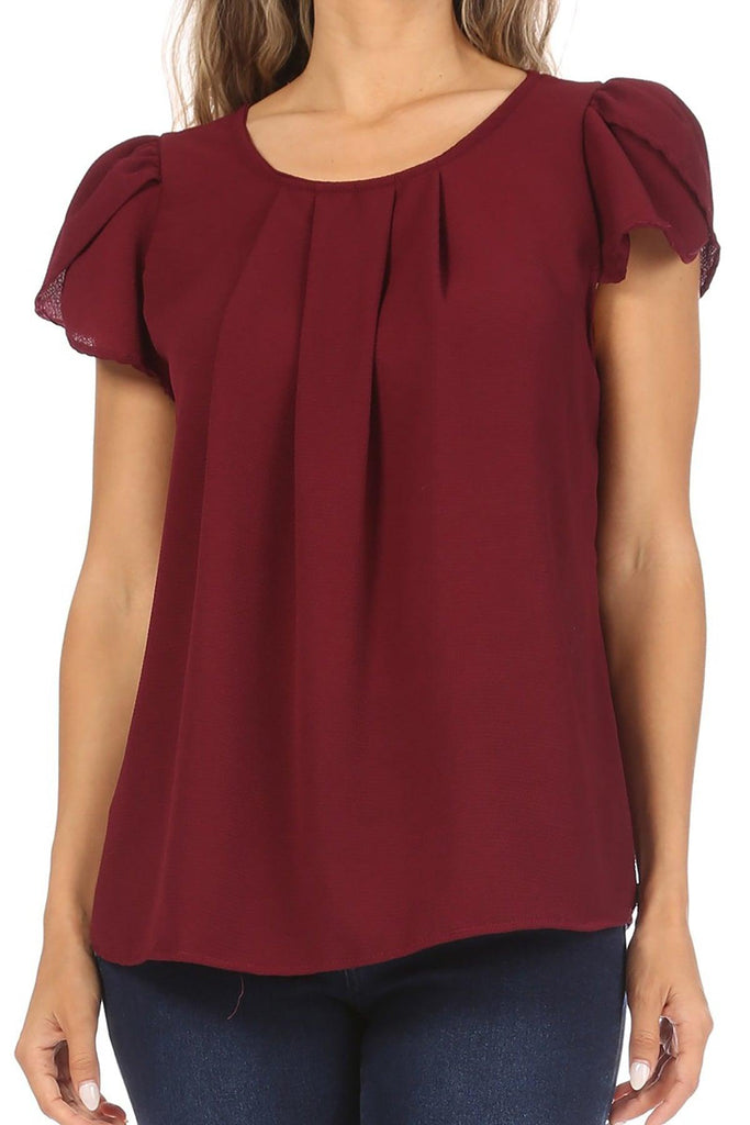 Women's Casual Solid Pleated Front Petal Cap Sleeve Round Neck Blouse FashionJOA