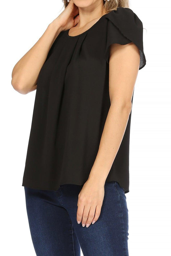 Women's Casual Solid Pleated Front Petal Cap Sleeve Round Neck Blouse FashionJOA