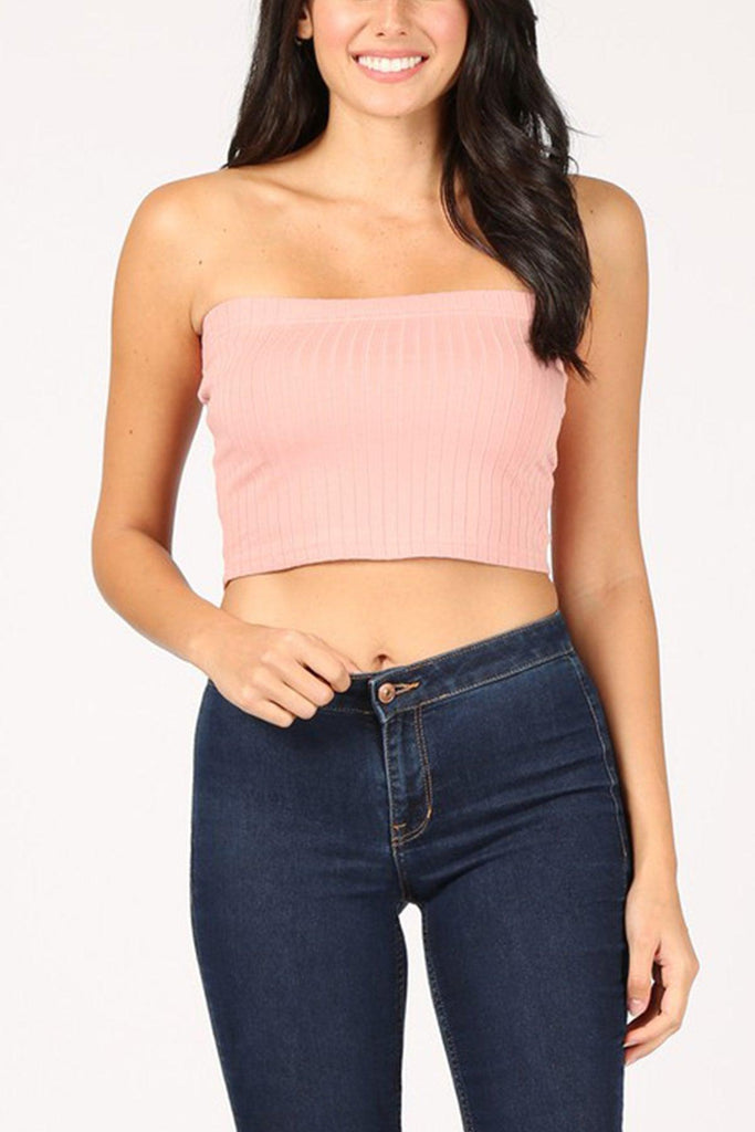 Women's Casual Solid Ribbed Strapless Tube Top FashionJOA