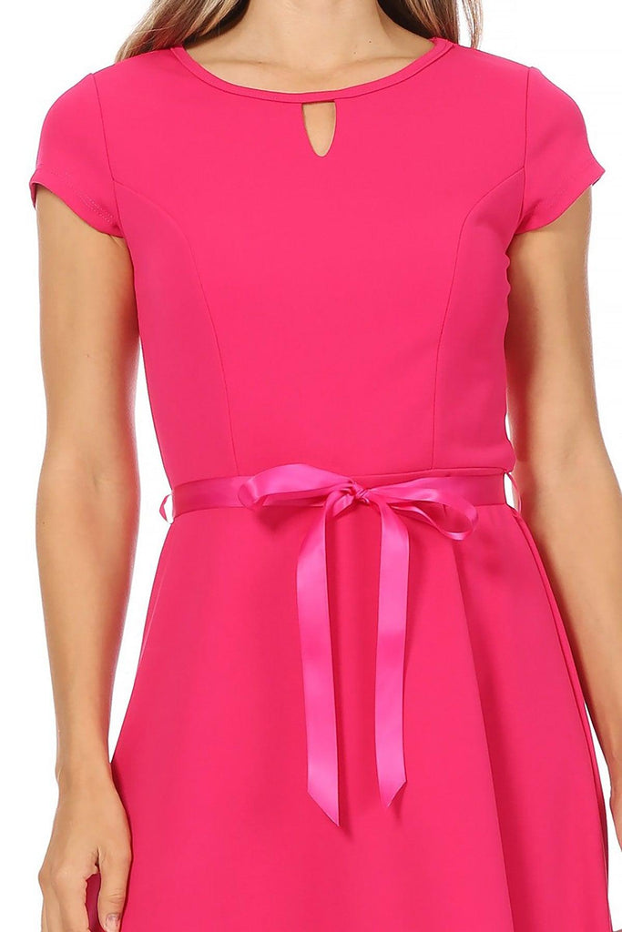 Women's Casual Solid Short Sleeve Ribbon Belted Flared A Line Swing Dresses FashionJOA