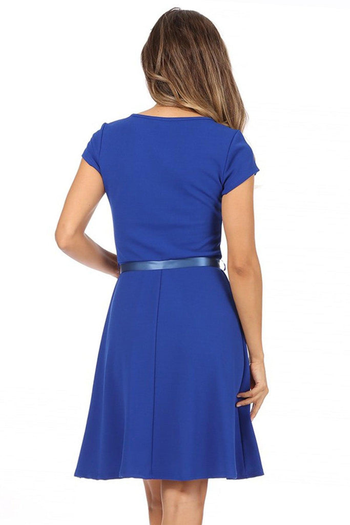 Women's Casual Solid Short Sleeve Ribbon Belted Flared A Line Swing Dresses FashionJOA