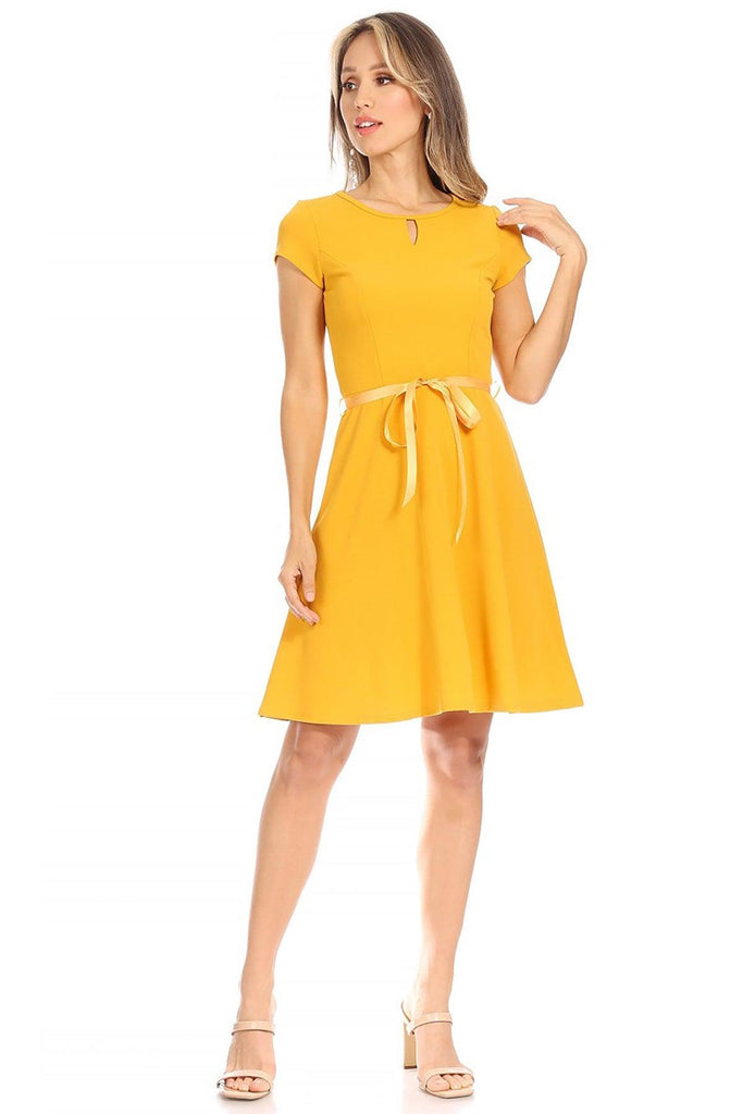 Women's Casual Solid Short Sleeve Ribbon Belted Flared A Line Swing Dresses FashionJOA