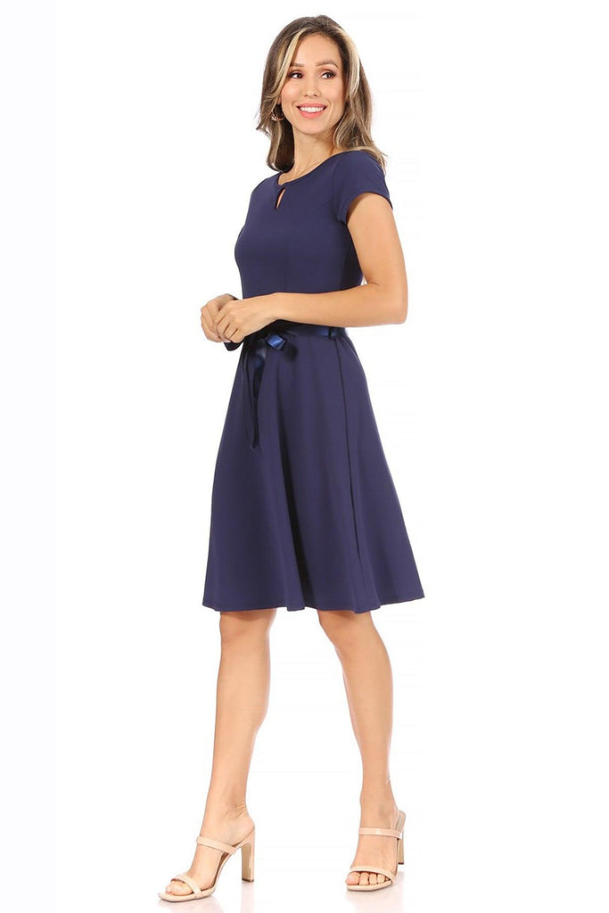 Women's Casual Solid Short Sleeve Ribbon Belted Flared A Line Swing Dresses FashionJOA