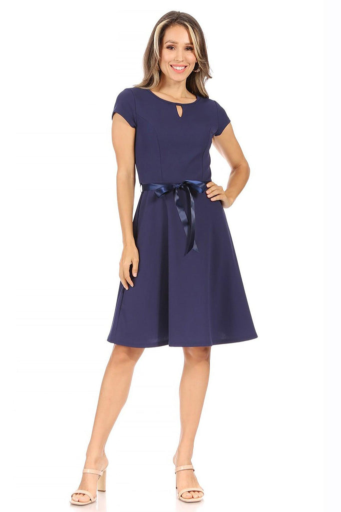 Women's Casual Solid Short Sleeve Ribbon Belted Flared A Line Swing Dresses FashionJOA