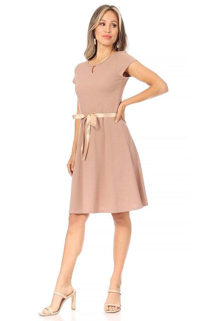 Women's Casual Solid Short Sleeve Ribbon Belted Flared A Line Swing Dresses FashionJOA