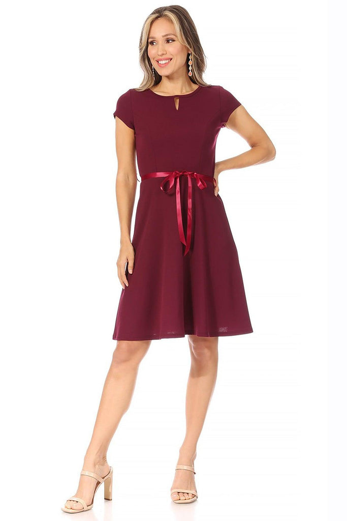 Women's Casual Solid Short Sleeve Ribbon Belted Flared A Line Swing Dresses FashionJOA