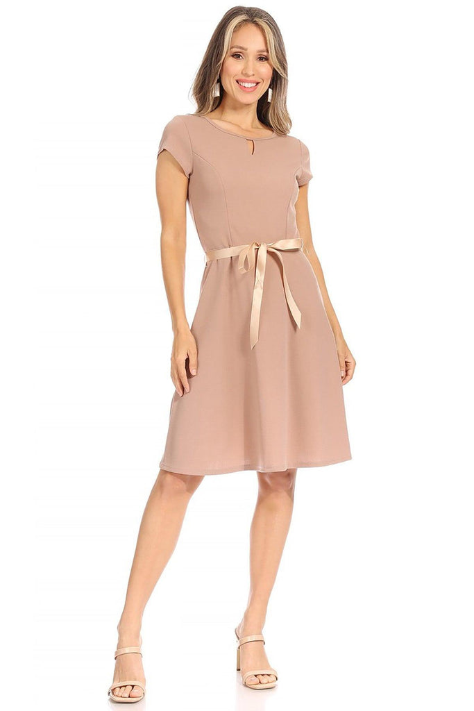 Women's Casual Solid Short Sleeve Ribbon Belted Flared A Line Swing Dresses FashionJOA