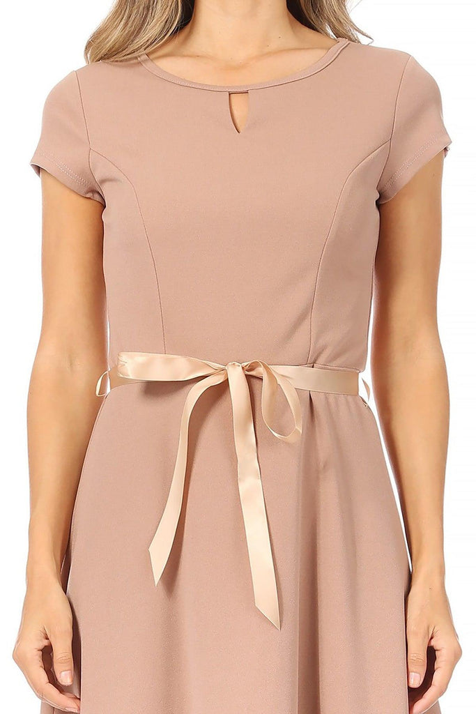 Women's Casual Solid Short Sleeve Ribbon Belted Flared A Line Swing Dresses FashionJOA