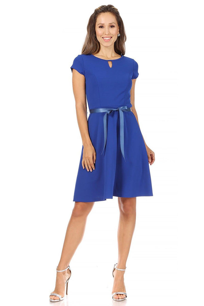 Women's Casual Solid Short Sleeve Ribbon Belted Flared A Line Swing Dresses FashionJOA