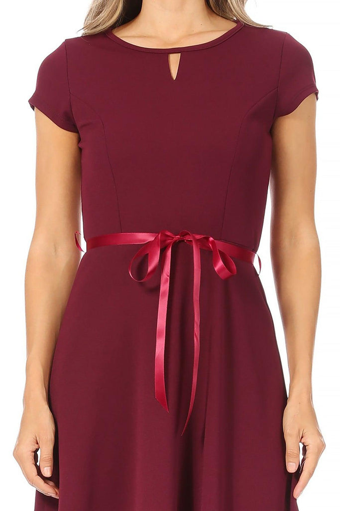 Women's Casual Solid Short Sleeve Ribbon Belted Flared A Line Swing Dresses FashionJOA