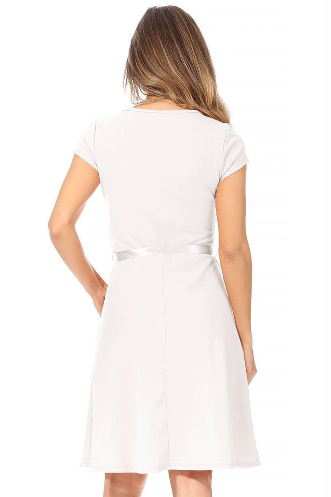 Women's Casual Solid Short Sleeve Ribbon Belted Flared A Line Swing Dresses FashionJOA