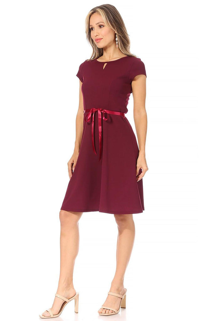 Women's Casual Solid Short Sleeve Ribbon Belted Flared A Line Swing Dresses FashionJOA