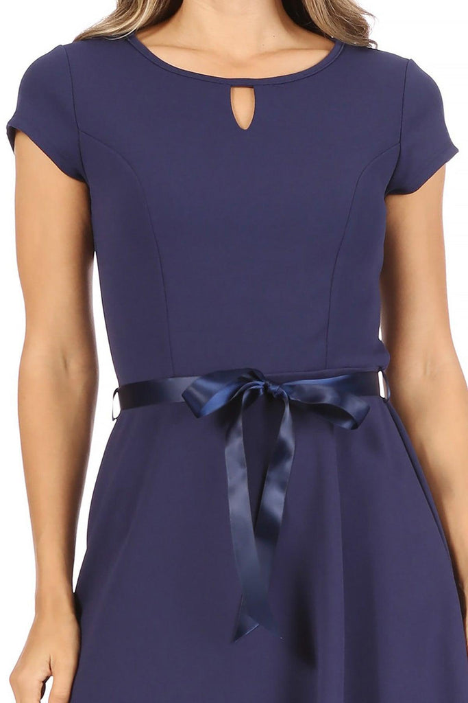 Women's Casual Solid Short Sleeve Ribbon Belted Flared A Line Swing Dresses FashionJOA