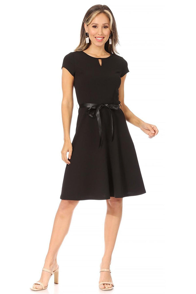 Women's Casual Solid Short Sleeve Ribbon Belted Flared A Line Swing Dresses FashionJOA