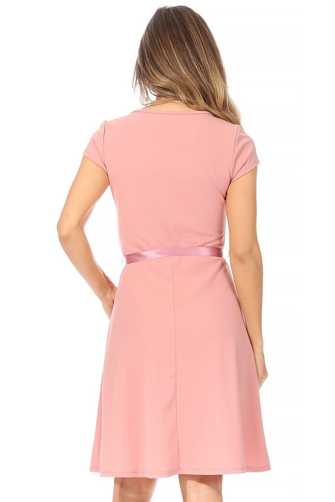 Women's Casual Solid Short Sleeve Ribbon Belted Flared A Line Swing Dresses FashionJOA