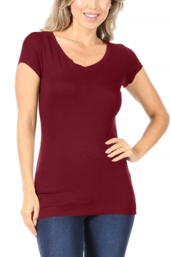 Women's Casual Solid V-Neck Short Sleeve Basic T-Shirt Top FashionJOA