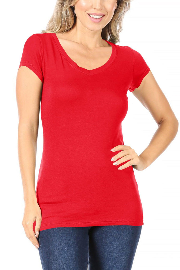 Women's Casual Solid V-Neck Short Sleeve Basic T-Shirt Top FashionJOA