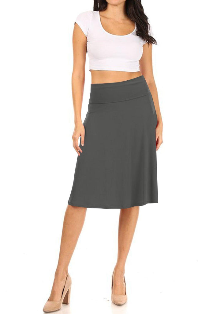 Women's Casual Stretch Basic Foldable High Waist Relaxed Fit A-Line Solid Midi Skirts FashionJOA