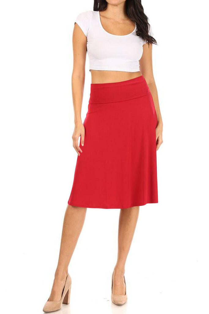 Women's Casual Stretch Basic Foldable High Waist Relaxed Fit A-Line Solid Midi Skirts FashionJOA