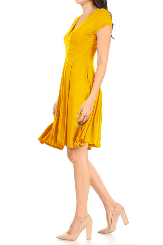 Women's Casual Stretch Flared Swing V-Neck Short Sleeve Midi Dress FashionJOA