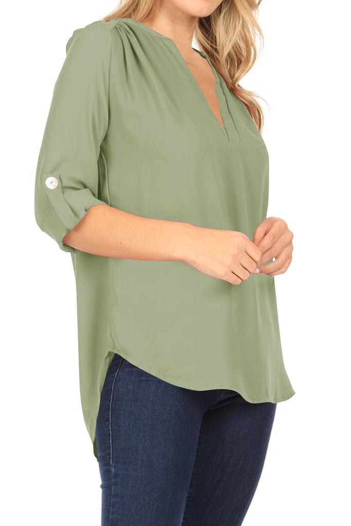 Women's Casual V-Neck Woven Roll Up Sleeve Lightweight Relaxed Fit Office Blouse Top FashionJOA