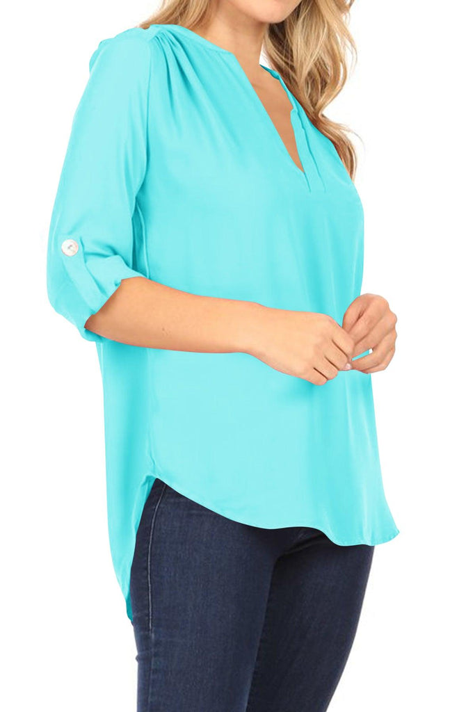 Women's Casual V-Neck Woven Roll Up Sleeve Lightweight Relaxed Fit Office Blouse Top FashionJOA