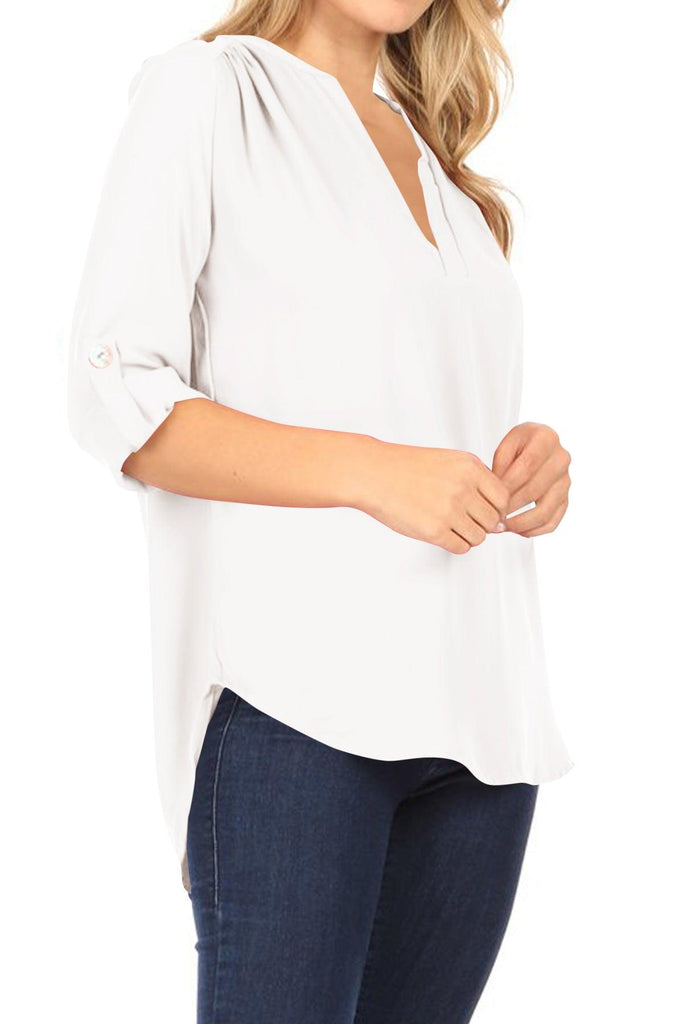 Women's Casual V-Neck Woven Roll Up Sleeve Lightweight Relaxed Fit Office Blouse Top FashionJOA