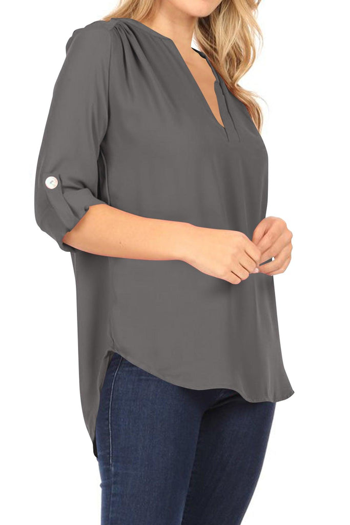 Women's Casual V-Neck Woven Roll Up Sleeve Lightweight Relaxed Fit Office Blouse Top FashionJOA