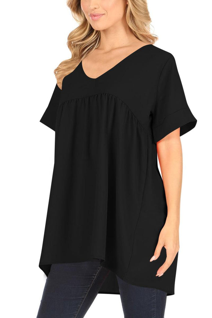 Women's Casual Woven Short Sleeve V-Neck Daily Office A-Line Relaxed Blouse Top S-3XL FashionJOA