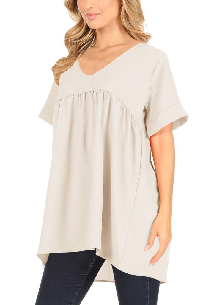 Women's Casual Woven Short Sleeve V-Neck Daily Office A-Line Relaxed Blouse Top S-3XL FashionJOA