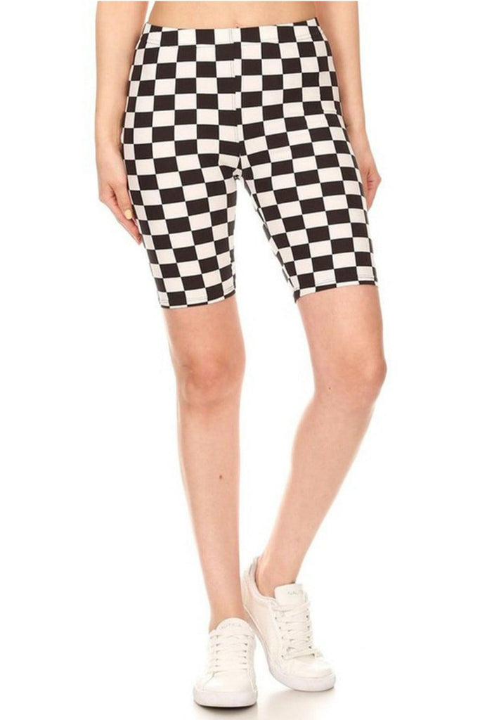 Women's Checkered Camo Print Biker Shorts with Elastic Waistband FashionJOA