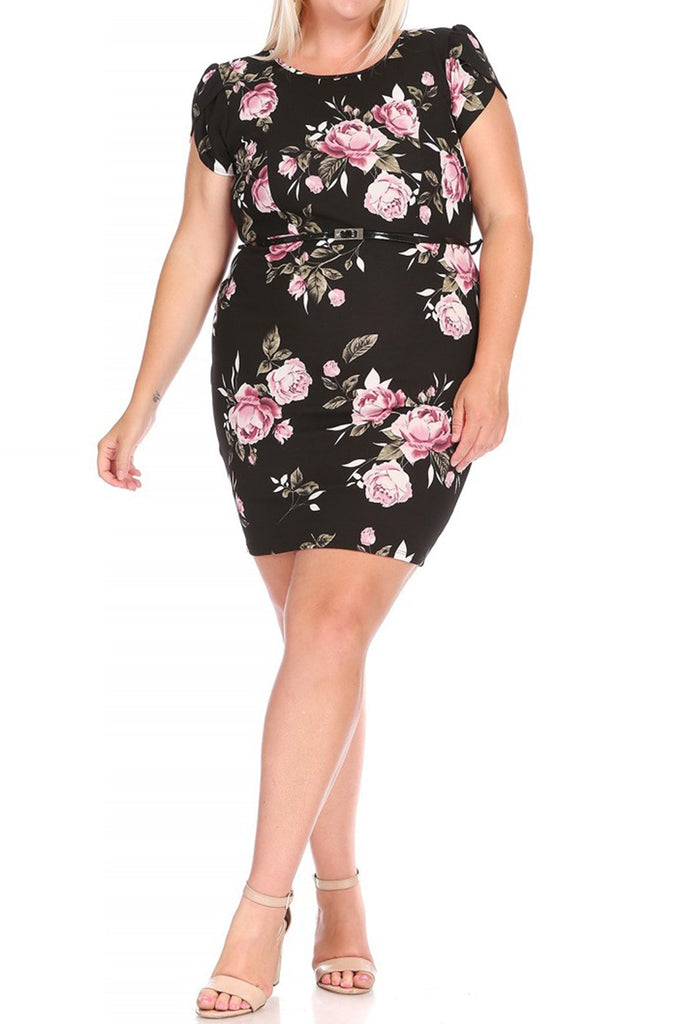 Women's Elegant Plus Size Floral Pencil Work Dresses Short Sleeve Round Neck with Belt FashionJOA