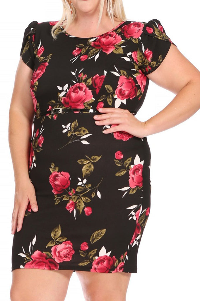 Women's Elegant Plus Size Floral Pencil Work Dresses Short Sleeve Round Neck with Belt FashionJOA