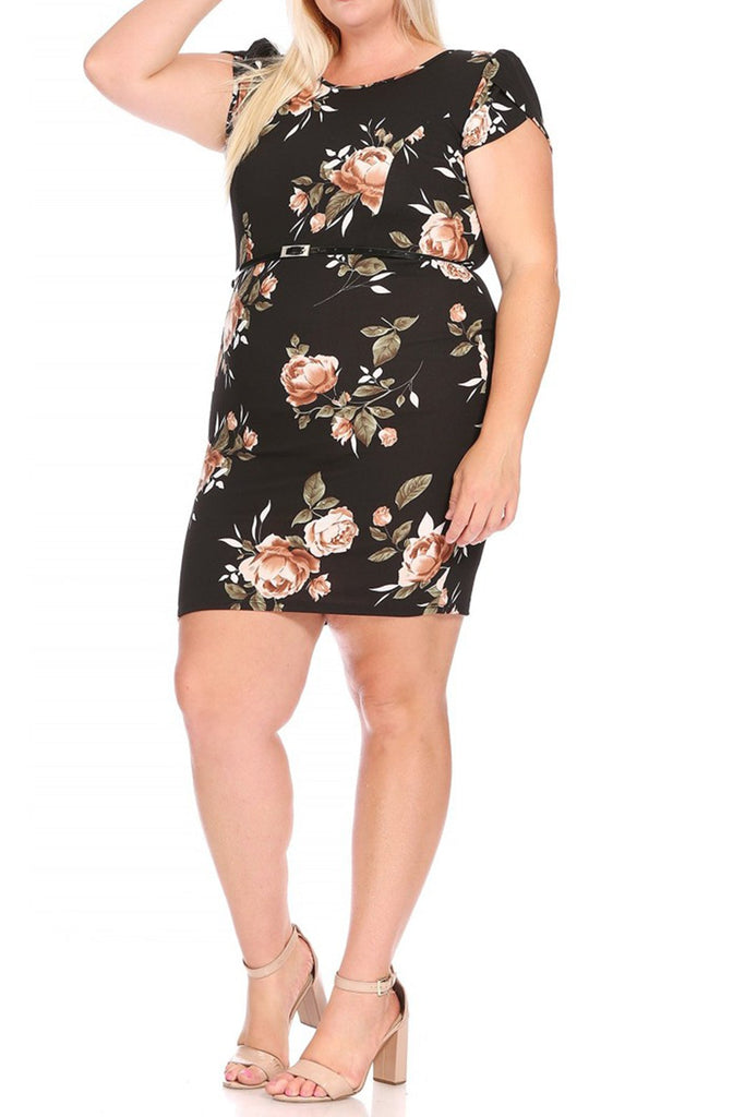 Women's Elegant Plus Size Floral Pencil Work Dresses Short Sleeve Round Neck with Belt FashionJOA