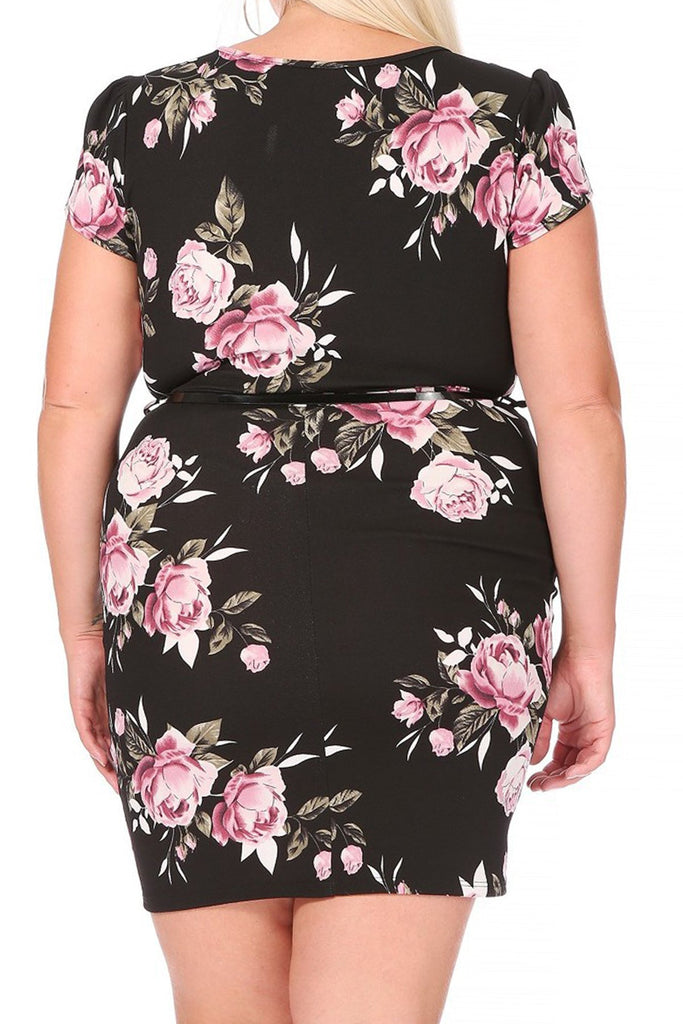 Women's Elegant Plus Size Floral Pencil Work Dresses Short Sleeve Round Neck with Belt FashionJOA