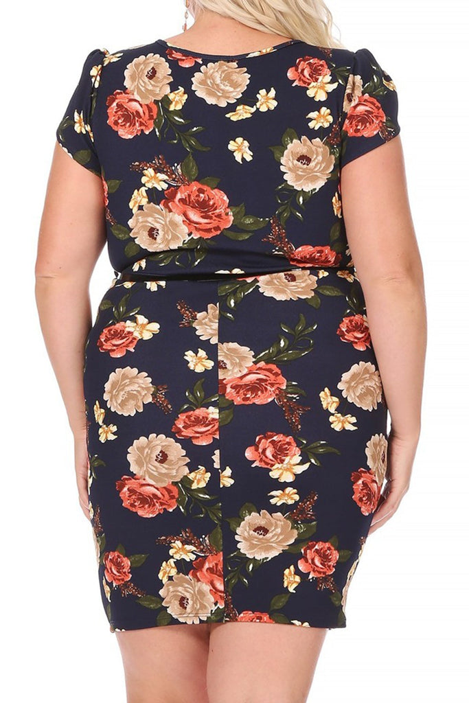 Women's Elegant Plus Size Floral Pencil Work Dresses Short Sleeve Round Neck with Belt FashionJOA