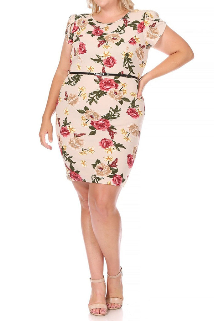 Women's Elegant Plus Size Floral Pencil Work Dresses Short Sleeve Round Neck with Belt FashionJOA