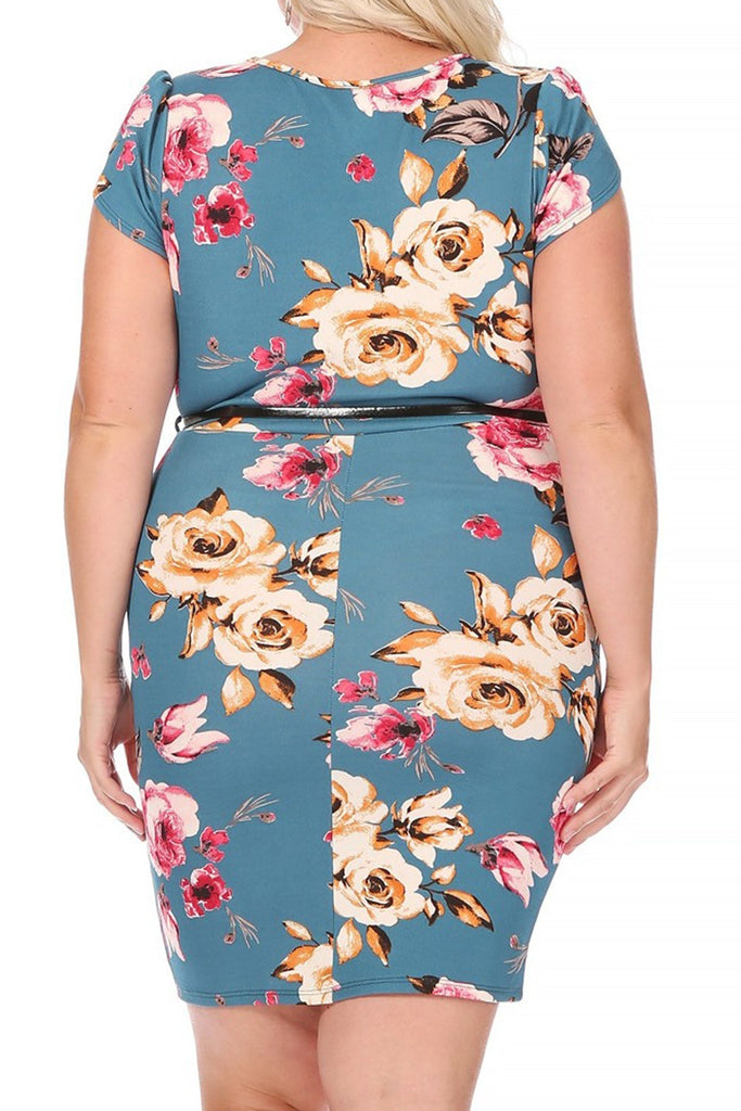 Women's Elegant Plus Size Floral Pencil Work Dresses Short Sleeve Round Neck with Belt FashionJOA